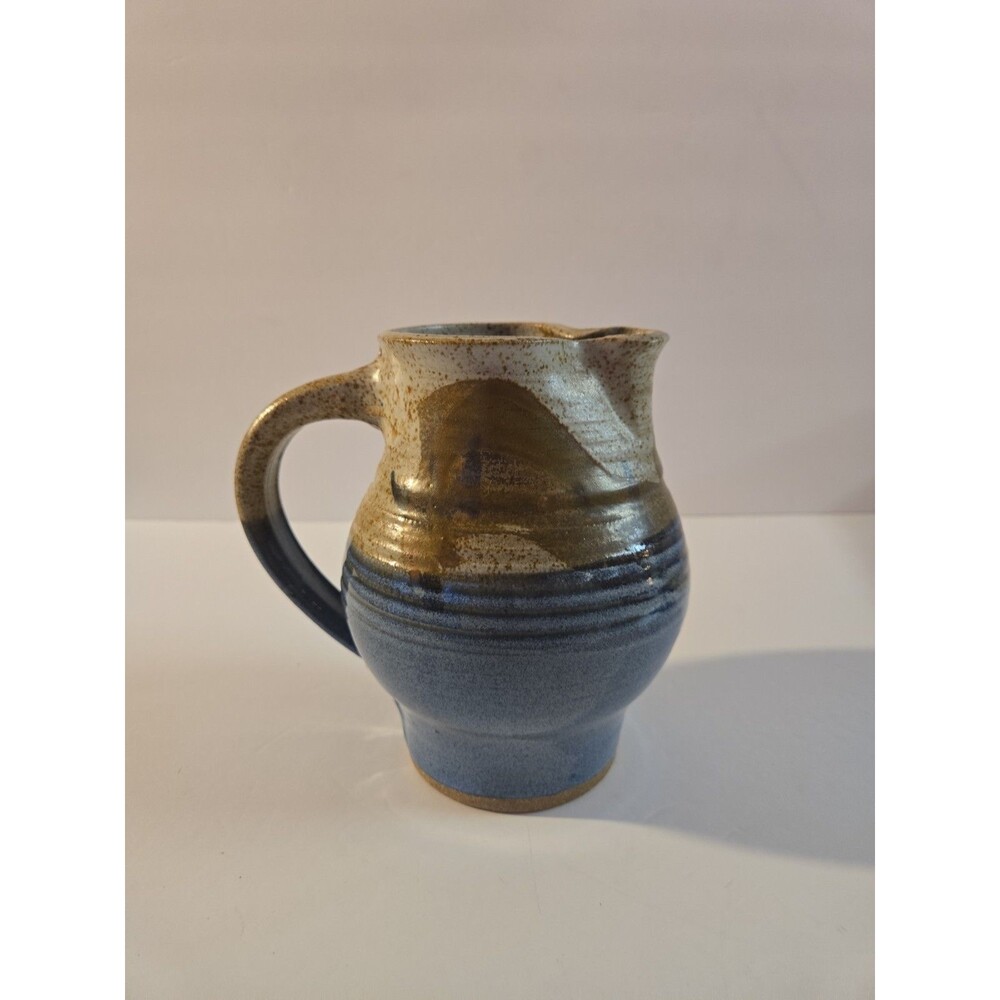 Vintage Studio Art Pottery Pitcher Hand Thrown Stoneware Drip Glaze MCM Blue